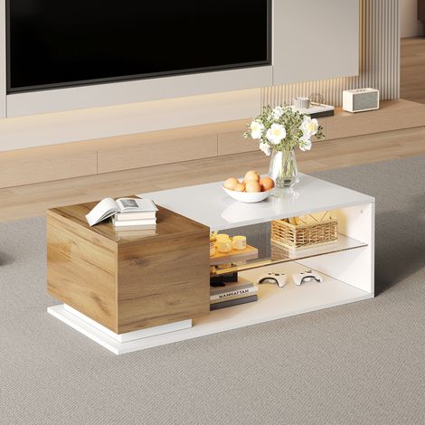 Mesa baja 105x50x36 cm, iluminación LED con compartimento de almacenamiento y estante abierto, de madera, blanco y roble (1/5)