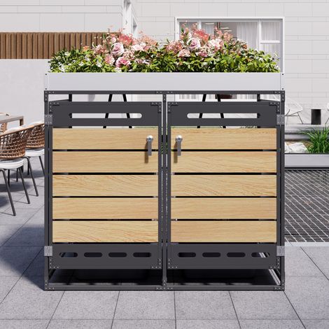 Cache-poubelle double avec bac à fleurs, 131x79x120 cm,cache poubelle de jardin et terrasse, 2 portes avec serrure, Noir