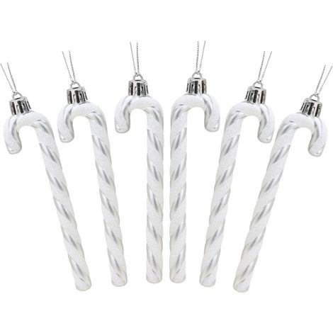 Confezione da 6 decorazioni natalizie a forma di bastoncino di zucchero glitterato da 13 cm (argento e bianco) (1/4)