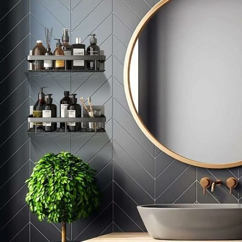 Étagère de douche adhésive en aluminium, porte-savon et accessoire de salle de bain mural sans perçage, support de rangement avec 4 crochets - Noir (1/5)