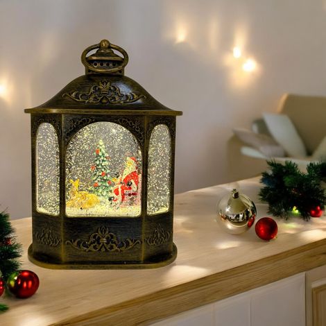 Lanterna esagonale marrone brunita con glitter scintillanti con musiche natalizie a led bianco caldo, h 21 cm (1/5)