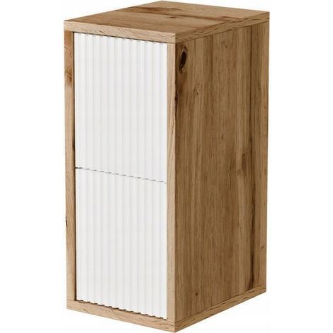 Table de Chevet 24 cm Blanc+  Chêne Wotan - 2 Tiroirs - Façades Rainurées  -PUSH TO OPEN (1/4)