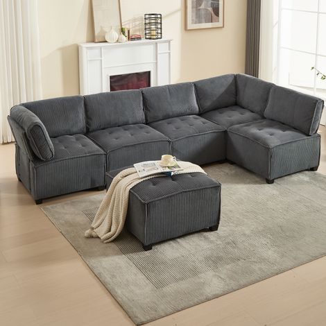 Sofá modular de 6 plazas con bolsillos laterales gris OKMYHOME (1/5)