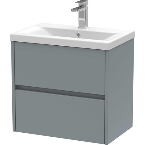 Nuie Havana Matt Coastal Grey 600mm Wall Hung 2 Drawer Vanity Unit and Mid Edge Ceramic Basin - HAV2304A (1/4)