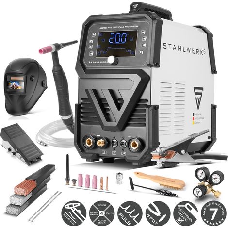 Stahlwerk – Poste à souder AC/DC TIG 200 Puls Pro Digital – Courant 5-200A – Tension 230V – Facteur de marche 100% à 120A – Équipement complet (1/5)