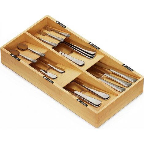 Organizer Portaposate In Bambù Con 6 Scomparti Ed Etichette – Per Cassetti Cucina 20x39 Cm –  In Legno Naturale