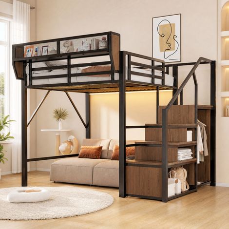 Lit mezzanine 140x200 cm avec bande LED, échelle de sécurité, rangement flexible, métal, noir (Sans matelas) (1/5)