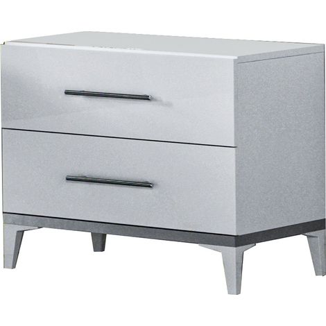 Chevet design 2 tiroirs bois blanc laqué et métal argenté Diamanto 60cm (1/2)