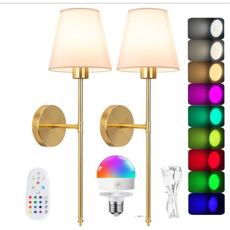 2 Pack Lampe Murale Sans Fil Rechargeable, 9RGB Dimmable Luminaire LED Mural à Piles, avec Télécommande, Applique Murale Interieure Vintage avec Abat-jour en Tissu Blanc, Doré
