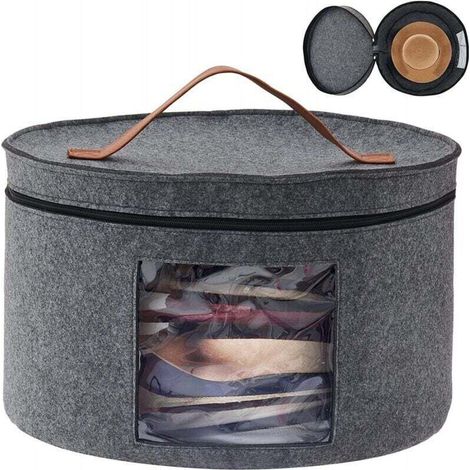 Scatola rotonda per cappelli in feltro con coperchio antipolvere, borsa portaoggetti per cappelli da donna, container pieghevole per cappellini da 43 x 26 cm, confezione da 2 - Grigio (1/4)