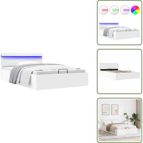 Cadre de lit à rangement hydraulique sans matelas avec LED - Lit Double - Cadre De Lit - Lit Hydraulique - Similicuir Blanc - Rangement Sous Lit