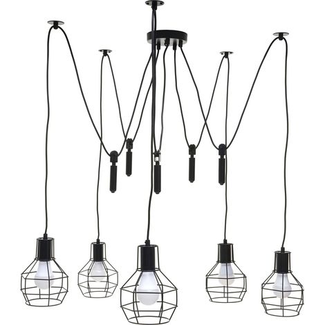 Pendelleuchte HHG-195, Hängelampe Hängeleuchte, Industrial Metall höhenverstellbar schwarz 5x Gitterlampenschirm (1/5)