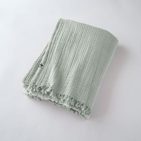 Plaid à Franges 180 x 220 cm en Gaze de Coton Unie – Gaïa Eucalyptus