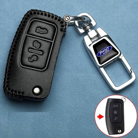 Leather key case for Ford, 3 buttons, with key fob, Fiesta, Focus, Galaxy, Fusion, S-Max, Kuga, Ecosport, protective case, cover, shell for car remote control (1/3)