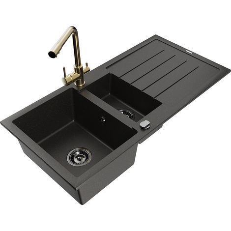 Mexen Andres Granitspüle 1,5-becken mit Abtropffläche und Küchenarmatur Duero, schwarz/gold - 6515-75-671600-50-B (1/5)