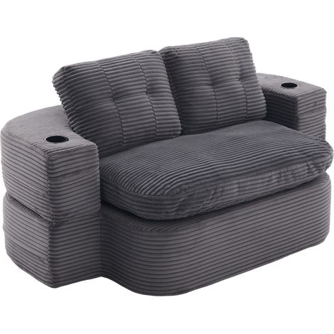 Divano letto 2 in 1 in velluto a coste grigio scuro con schienale alto e 2 portabicchieri (1/5)