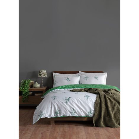 Parure de lit Simple 100% Coton renforcé Blanc et Vert Housse de Couette de 135 x 200 cm et taie d'oreiller de 80 x 80 cm Lavable en Machine Design élégant 145 Fils