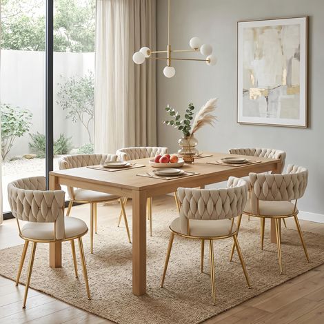 Lot de 6 Chaises Velours Doux - Design en Forme de Doigt avec Accoudoirs, Ergonomique - Idéal pour salle à manger et Salon, Beige (1/5)