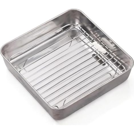 Ovenschaal for airfryer, roestvrij staal, vierkant, met grill, Ovenschaal for heteluchtfriteuse, vaatwasmachinebestendig, 21,3 x 20,9 x 5,1 cm, silber