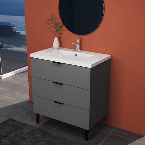 AICA - Mobile Bagno Sospeso 79cm + 3 Cassetti + Soft-Close + Lavabo Incluso + Antracite (1/5)