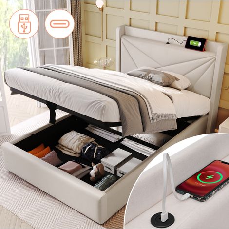 Cama tapizada 90/200 cm beige de algodón y lino con almacenaje y cabecero con USB y USB-C (1/5)