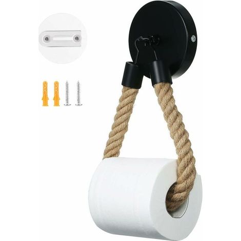 Porte Papier Toilette WC Corde Support en Bois Vintage Derouleur Porte Rouleau Papier Toilette Murale Corde de Chanvre Adhésif pour Salle de Bain et Cuisine (Noir) (1/5)
