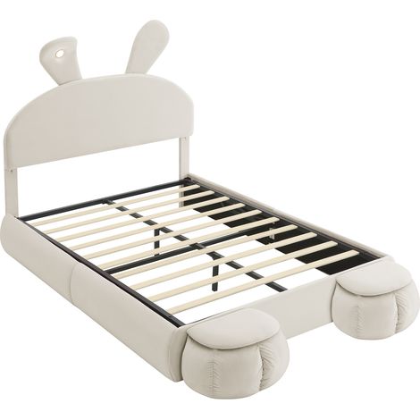 Cama abatible hidráulica 140x200 cm de terciopelo beige con orejas de conejo, LED y 2 pufs (1/5)