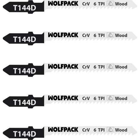 WOLFPACK LINEA PROFESIONAL Lama per seghetto alternativo per legno taglio spesso 5 pz. Lama in cromo vanadio 58. Attacco a T universale. (1/5)