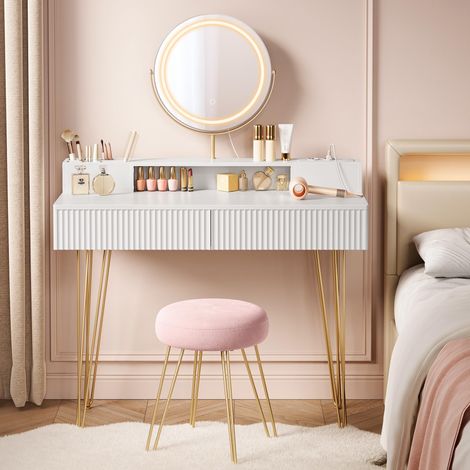 Coiffeuse avec Miroir Pivotant et Tabouret, Miroir Coiffeuse, avec Éclairage et Multiprise, Tabouret Rembourré, pour Chambre, Coiffeuse, 40 x 100 x 134,8 cm, Blanc mat et Doré Clair RVT619W01 (1/5)