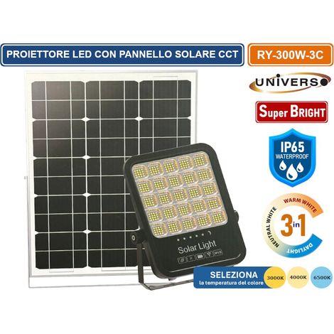 UNIVERSO RY-300W-3C FARO LED FLOODLIGHT 3300 LUMEN IP65 TEMPERATURA COLORE SELEZIONABILE CCT 3IN1 3000K 4000K 6500K CON PANNELLO SOLARE E TELECOMANDO (1/2)
