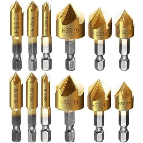 Fresa per smussi in metallo, 12 pezzi con gambo esagonale, punzone di centratura automatico, punte per smussare 6mm 8mm 9mm 12mm 16mm 19mm (1/5)