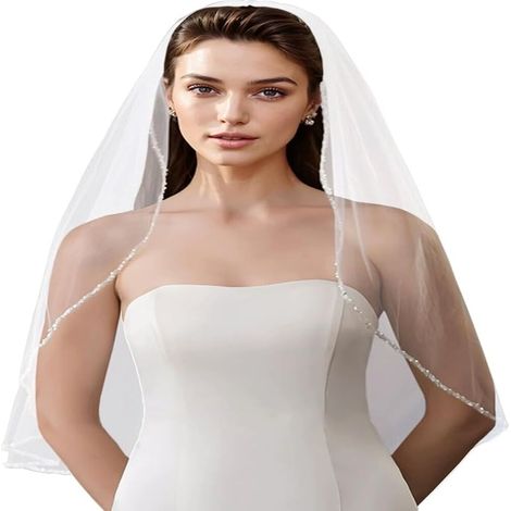 Voile De Mariée - Voile Jusqu'aux Coudes - Avec Peigne À Cheveux - 80 cm - Tulle Doux Léger Et Respirant - Cristaux Et Perles Brodés À La Main (1/5)