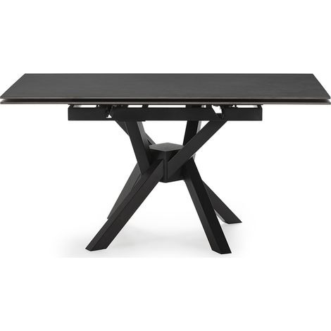 Table à manger, table de repas extensible carrée en Pierre frittée coloris noir, pieds en métal noir - Longueur 150 x Profondeur 90-150 x Hauteur 76 cm (1/5)