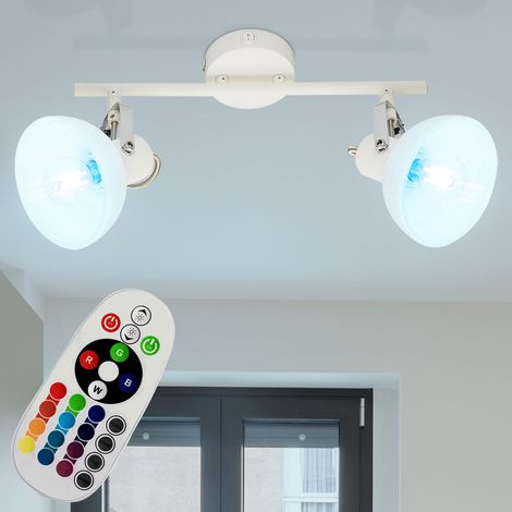 Plafonnier spot de plafond orientable en verre blanc plafonnier chrome, interrupteur, télécommande dimmable, 2x LED RVB 4,8W 470Lm blanc chaud, L 35 cm