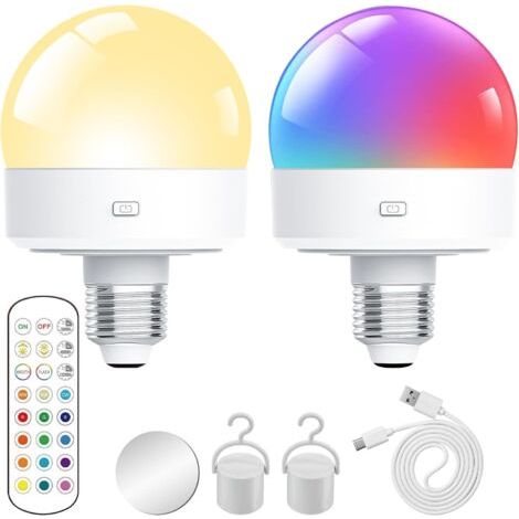 QORVA-Ampoule rechargeable USB, lot de 2 ampoules LED avec télécommande, 15 couleurs, parfaites pour le camping et la décoration. (1/5)