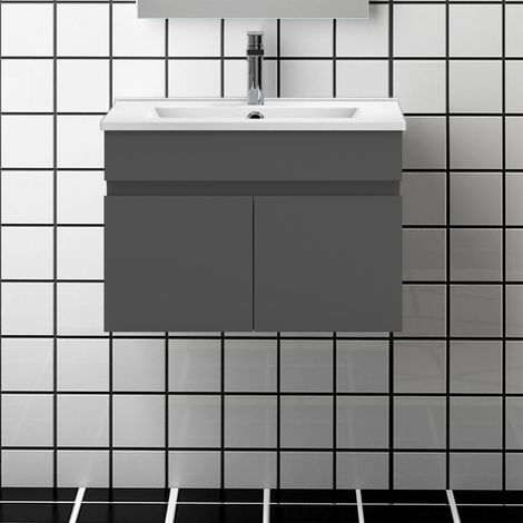 60 cm Waschtisch mit Unterschrank Soft-Close Badmöbel Set mit Waschbecken Keramik dünn Gäste WC Hochglänzend Anthrazit