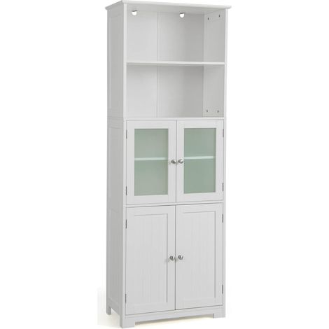 COSTWAY Armario Alto de Baño de 163 cm, Aparador de Suelo Independiente con 2 Gabinete, 2 Compartimentos Abiertos & Estantes Ajustables, Puerta de Cristal de Cocina (Blanco) (1/5)