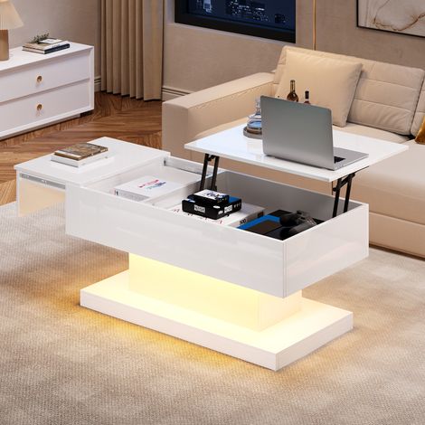 Table basse relevable LED 100x50x45 cm, table de salon avec éclairage intégré, plateau demi-relevable et coulissant latéralement, vérin hydraulique, rangement intégré, design moderne brillant (1/5)