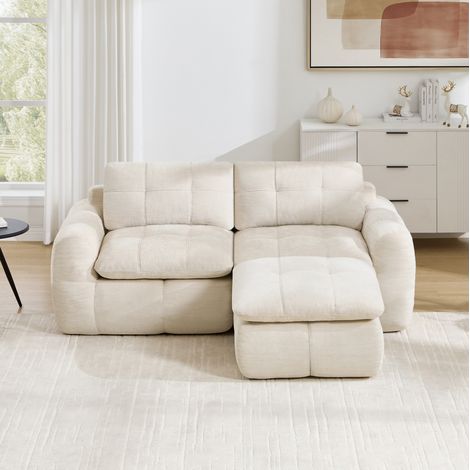 Canapé d'angle modulable 194x160x68 cm en chenille beige, gain de place pour salon FloraGrace (1/5)