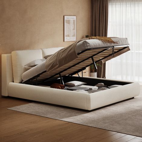 150x200cm Ottoman Storage Bed Frame,Upholstered Cloud Bed with Boucle Fabric and 2 Removable Cushions,Warm White