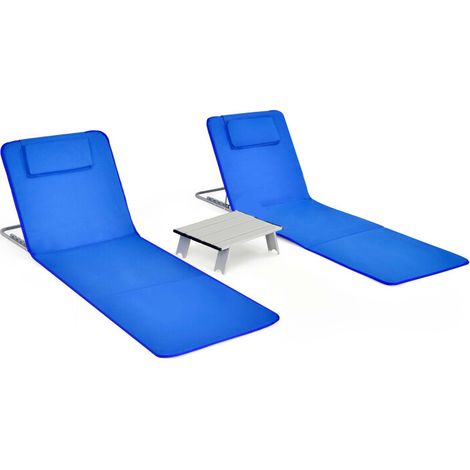 Ensemble de 2 transats bleus rayés avec table pliante, dossiers inclinables 5 positions et tissu imperméable pour plage (1/5)