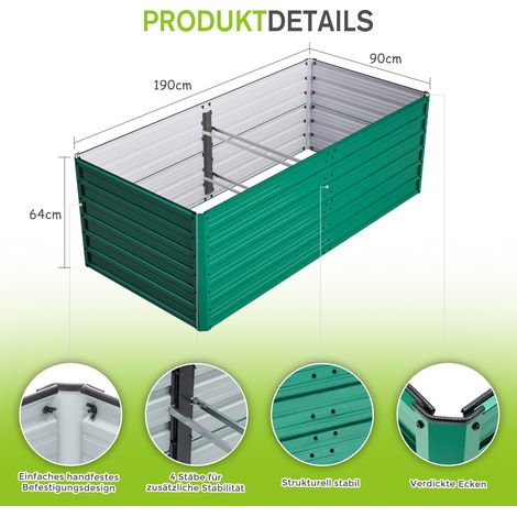 Kit jardinière métal 190x90x64 cm, bac à fleurs robuste anti-rouille et intempéries, potager surélevé à fond ouvert pour drainage parfait, idéal légumes fleurs terrasse jardin – Vert