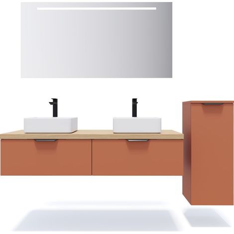 Meuble de salle de bain suspendu 2 vasques à poser 140cm 2 tiroirs Terracotta + miroir + colonne ouverture droite - Soho (1/5)