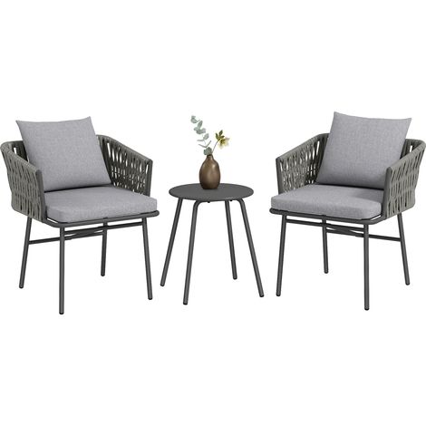 Polyrattan Bistroset 3-teilig Balkonmöbel mit 2 Stühlen und 1 Metall Tisch Stahlrahmen inkl 4 Kissen Grau