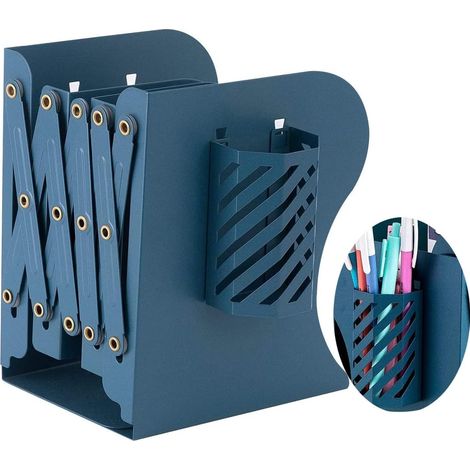 Serre-Livres, Rétractable Pliable, avec Porte-Stylo, 15x10x19cm, Cyan