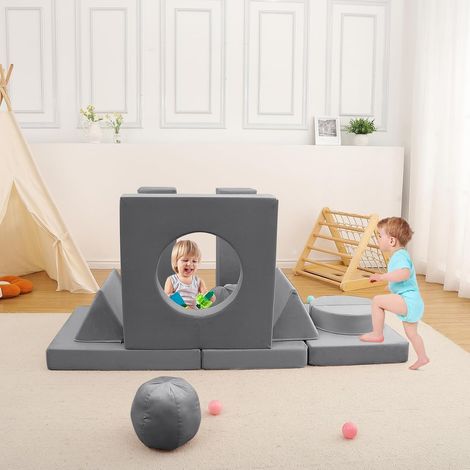 Canapé de Jeu Enfant avec Blocs Mousse Modulables, Cabane Tunnel et Coin Lecture, Gris Foncé (1/5)