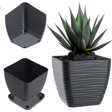 KADAX Blumentopf mit Untersetzer, aus Kunststoff, Quadratisch, 15 cm, Anthrazit