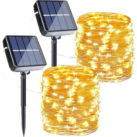 Solar String Lights Outdoor Garden Pack of 2 Warm White 12 m 120 LEDs 8 Modes Outdoor Solar String Lights Copper Wire Waterproof for Patio, Yard, Christmas, Wedding, Party, Camping, Balcony (1/5)