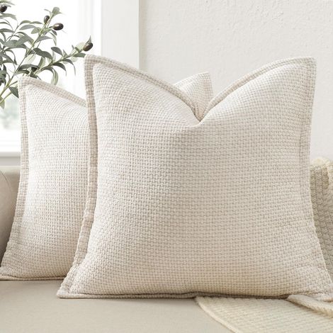 Lot de 2 Housse de Coussin 50x50 CM à Bordure Décorative, Coussin Beig Chenille Taie Oreiller Douces pour Canapé, Lit et Salon, Coussin Decoratif, Housse Coussin Décoratives (1/5)