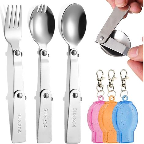 Set of 3 folding forks and spoons, portable stainless steel outdoor cutlery - Travel table spoon and fork - Replacement utensil for camping, picnics (1/5)